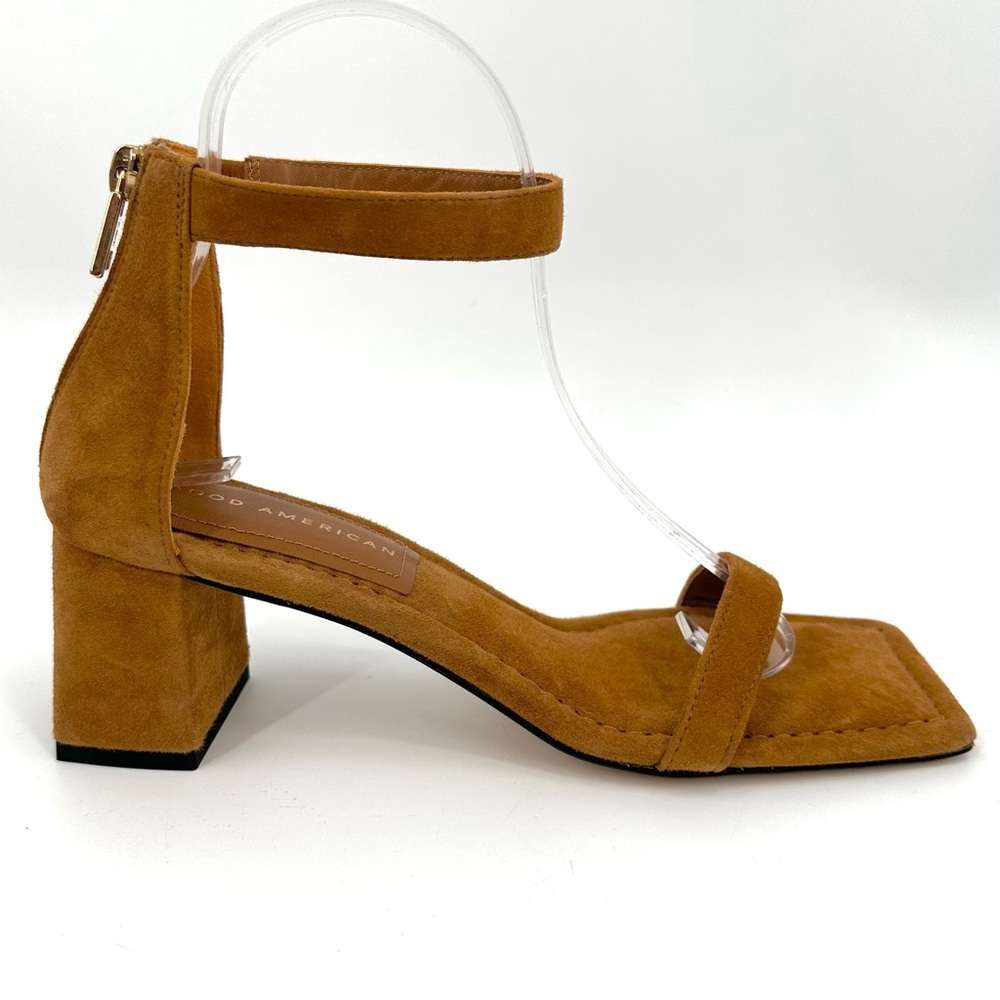 Good American Sandals Women’s 6.5 Amber Tan Suede Heels Zip Strappy Square Toe